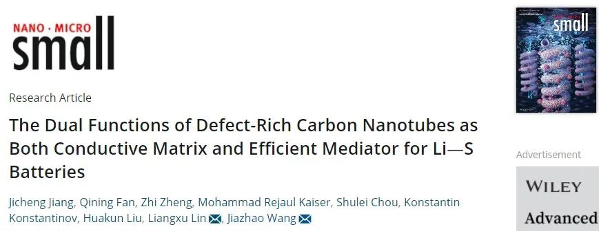 王佳兆/林良旭Small：富缺陷碳納米管作為鋰硫電池的導電基體和有效介體
