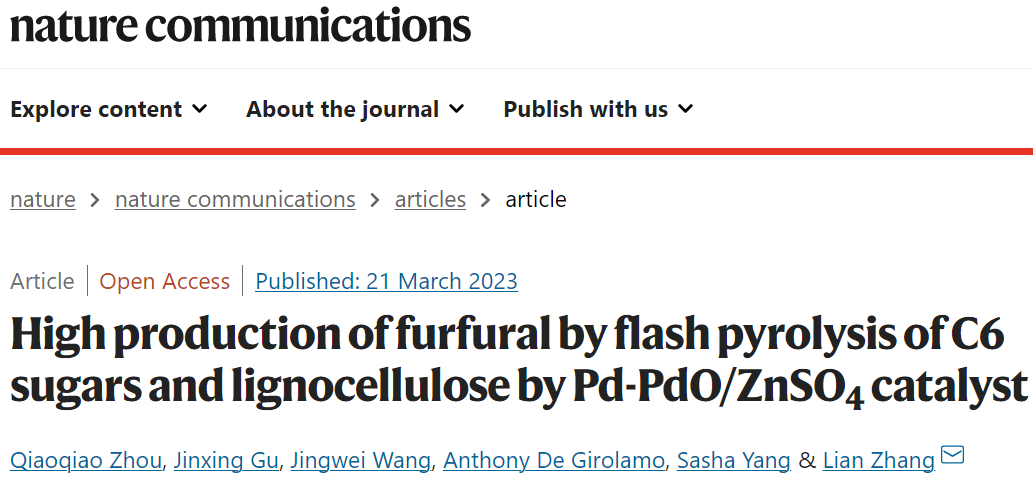 Nature子刊：Pd-PdO/ZnSO4快速熱解C6糖和木質纖維素制備糠醛