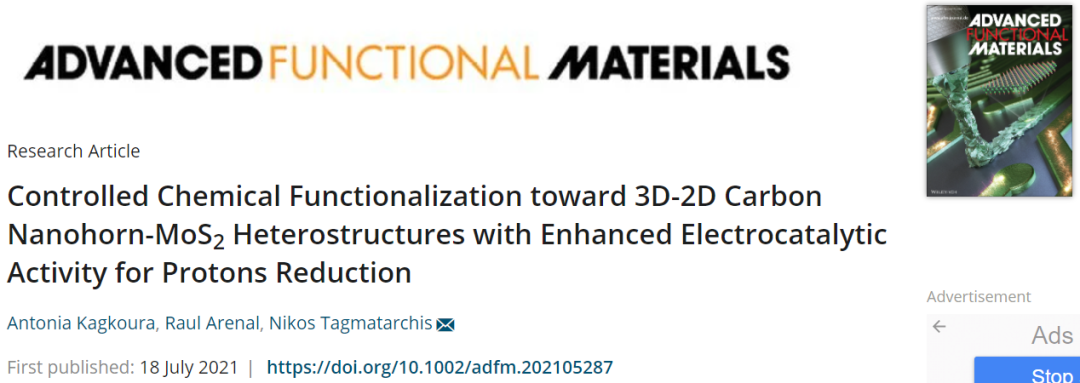 AFM：3D-2D CNH-MoS2異質結構的可控化學功能化及其對質子還原的電催化活性