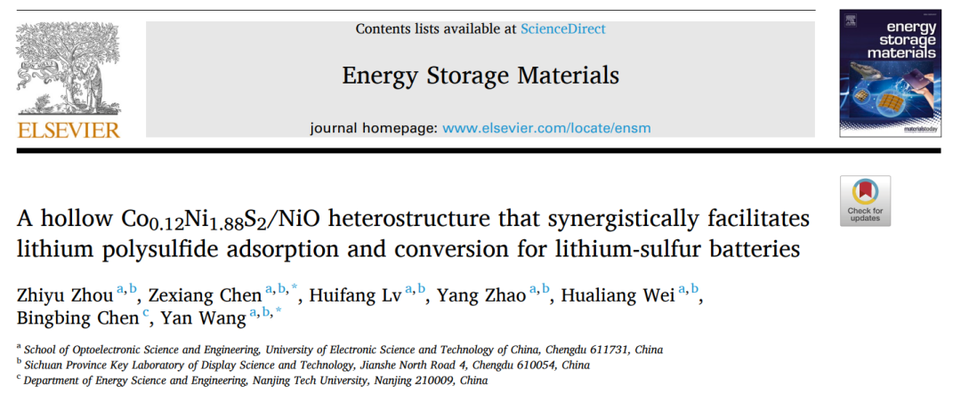 陳澤祥/王艷EnSM：異質結構硫主體協同促進鋰硫電池多硫化物吸附和轉化