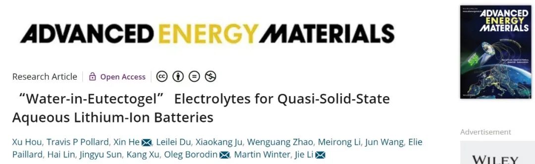 三單位聯合AEM：基于“共晶凝膠包水”電解質的準固態水系鋰離子電池