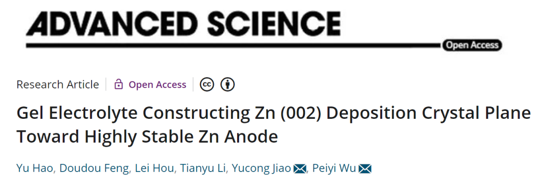 武培怡/焦玉聰Adv. Sci.: 凝膠電解質構建（002）沉積晶面穩定鋅負極