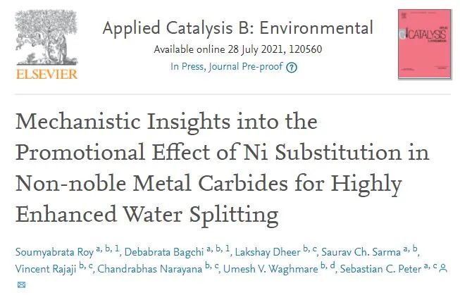Appl. Catal. B.: 非貴金屬碳化物中Ni取代對水分解的促進機制