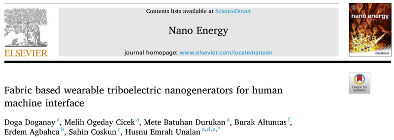中東技術大學Nano Energy：基于織物的人機界面可穿戴摩擦電納米發電機