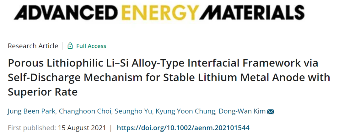 高麗大學AEM: 多孔親鋰Li-Si合金型界面骨架通過自放電機制實現穩定的鋰金屬負極