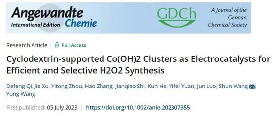 許杰/王舜/王勇?Angew.：環糊精負載的Co(OH)2團簇實現高選擇性合成H2O2