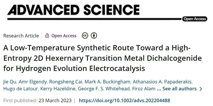 Adv. Sci.：用于析氫反應的高熵二維過渡金屬二硫化物催化劑的低溫合成路線