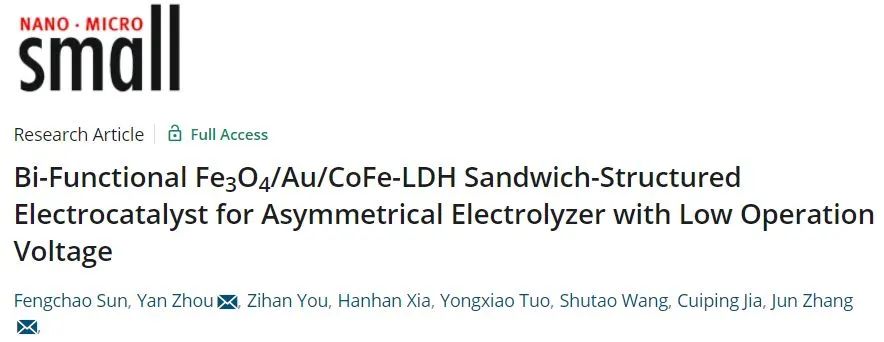 張軍/周炎Small: 電池電壓最低值！雙功能Fe3O4/Au/CoFe-LDH夾層結構電催化劑用于不對稱電解槽
