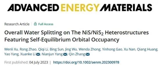 ?李軒科/張琴/楊年俊AEM：具有自平衡軌道占據的NiS/NiS2異質結構實現高效全水解