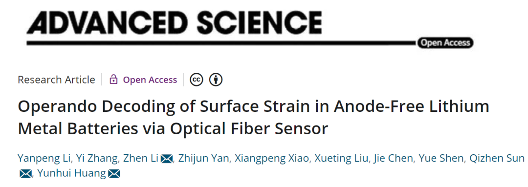 黃云輝/孫琪真/李真Adv. Sci.：光纖傳感器解析無負極鋰金屬電池的容量衰減