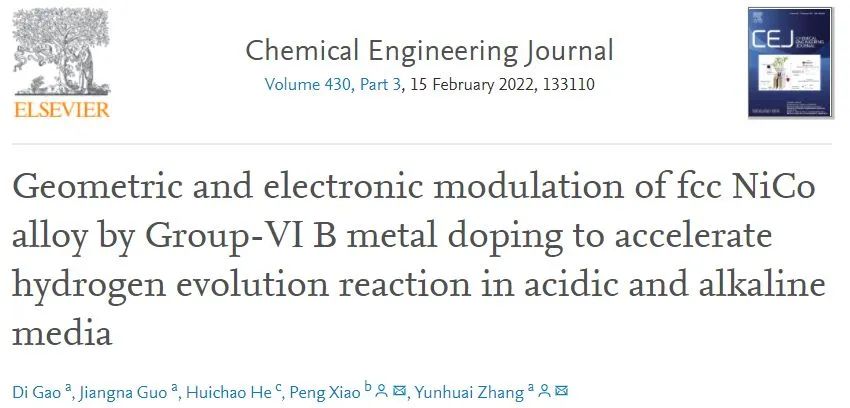 重大張云懷、肖鵬Chem. Eng. J.：摻雜有妙用，調控結構和電子結構促進Ni-Co合金電催化HER