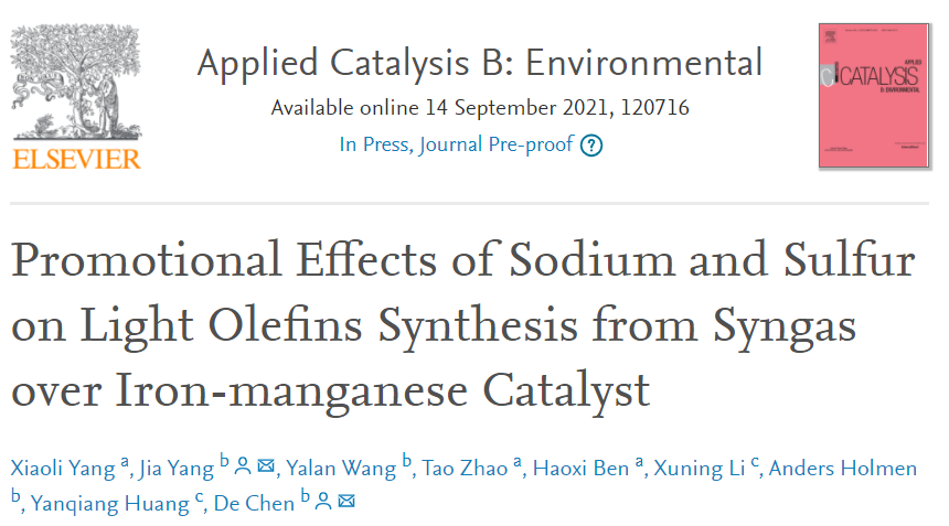 挪威科技大學Appl. Catal. B.：Na和S助力鐵錳催化劑催化合成氣轉化為輕烯烴