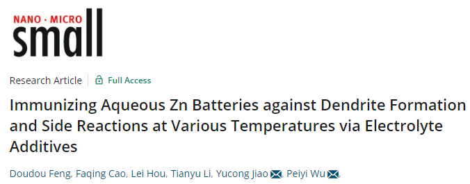 武培怡/焦玉聰Small：實現水系鋅電池無枝晶和副反應的電解液添加劑