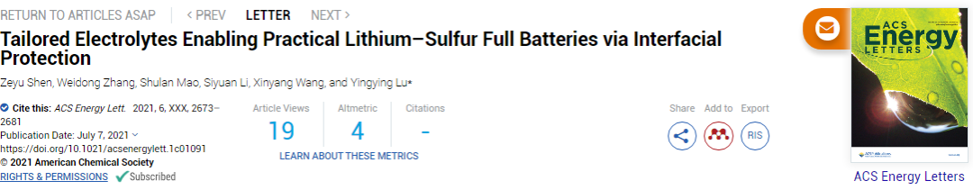 陸盈盈ACS Energy Lett.：定制電解液通過界面保護實現(xiàn)實用的鋰硫電池
