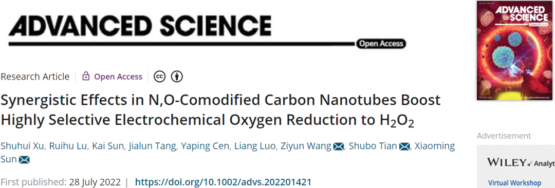 ?北化工/奧克蘭大學Adv. Sci.：N, O-CNTs協同促進高選擇性電化學ORR生成H2O2