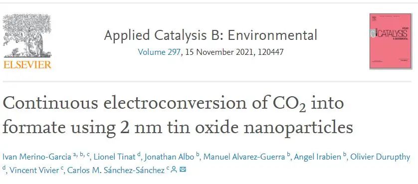 ?Appl. Catal. B.：使用2 nm氧化錫納米粒子將CO2連續電化學還原為甲酸鹽