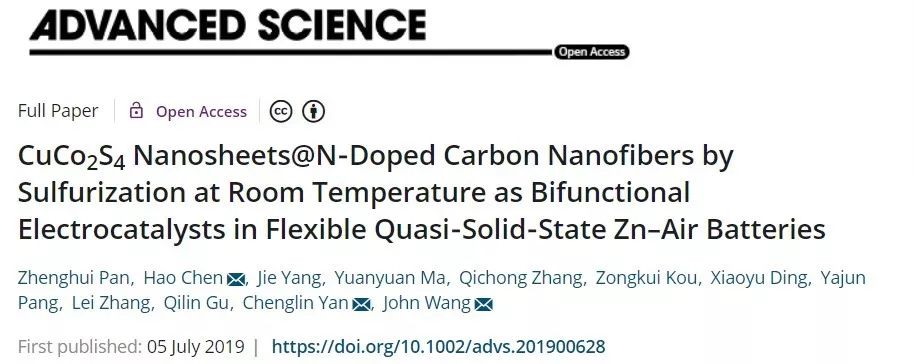 【頂刊】Adv.Sci. 雙功能CuCo2S4@N‐CNFs催化劑，助力柔性鋅空電池