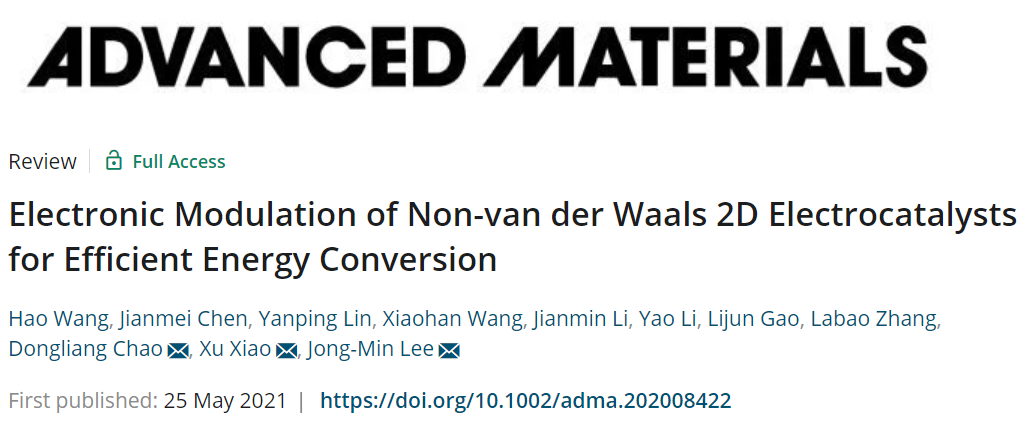 ?晁棟梁/肖旭等人Adv. Mater.綜述：非范德華力二維材料的電子調控及電催化應用！