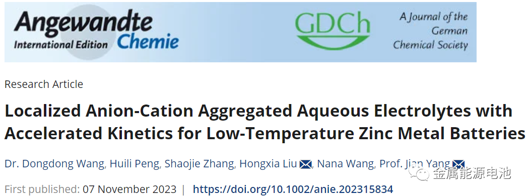 【DFT+實驗】Angew：低溫鋅金屬電池的局部陰陽離子聚集加速水電解質—Jian Yang
