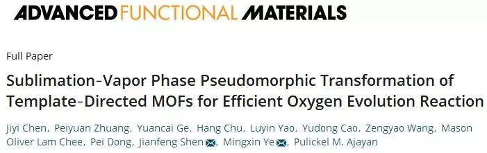 【催化】復旦大學葉明新&沈劍鋒AFM：氣相升華轉化法制備MOFs用于高效OER
