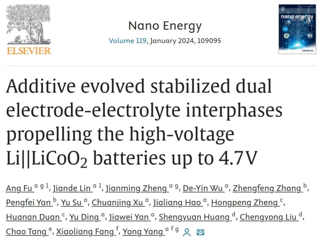 廈大楊勇Nano Energy：穩定雙電極電解質界面實現4.7V高壓 Li||LiCoO2 電池