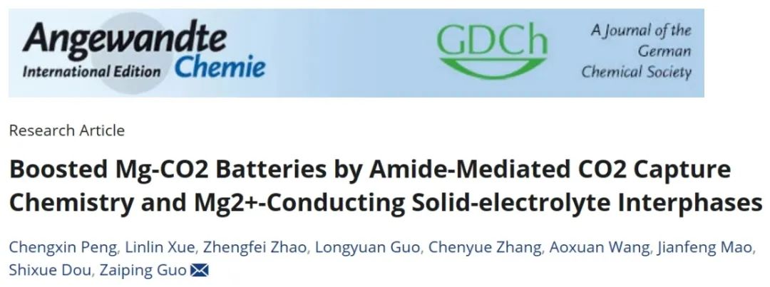 ?郭再萍Angew：酰胺介導的二氧化碳捕獲化學和 Mg2+ 導電固態電解質中間層實現穩定鎂-二氧化碳電池
