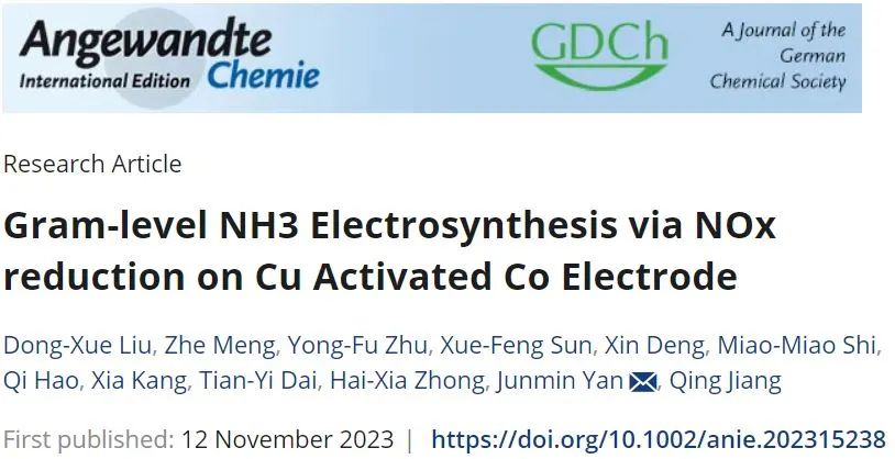 鄢俊敏/石苗苗/鐘海霞Angew：通過Cu活化Co電極上的NOx還原實現克級NH3電合成