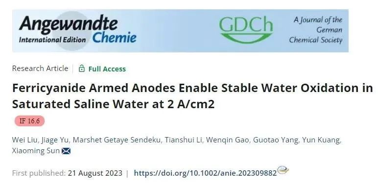 北化工最新Angew！飽和鹽水中水氧化，電流密度達2 A/cm2!