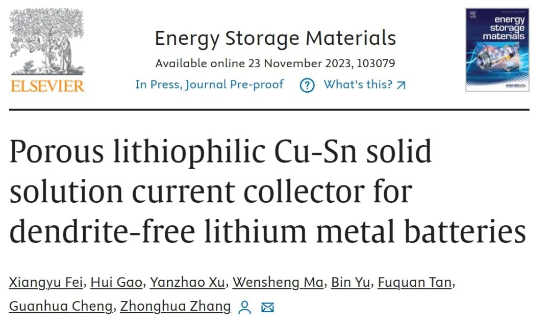 ?山大張忠華EnSM：多孔親鋰Cu-Sn固溶體集流體用于無(wú)枝晶鋰金屬電池