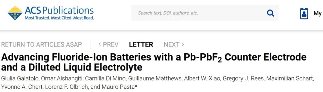 ?牛津ACS Energy Letters：Pb-PbF2 對電極和稀釋液體電解質改進氟離子電池