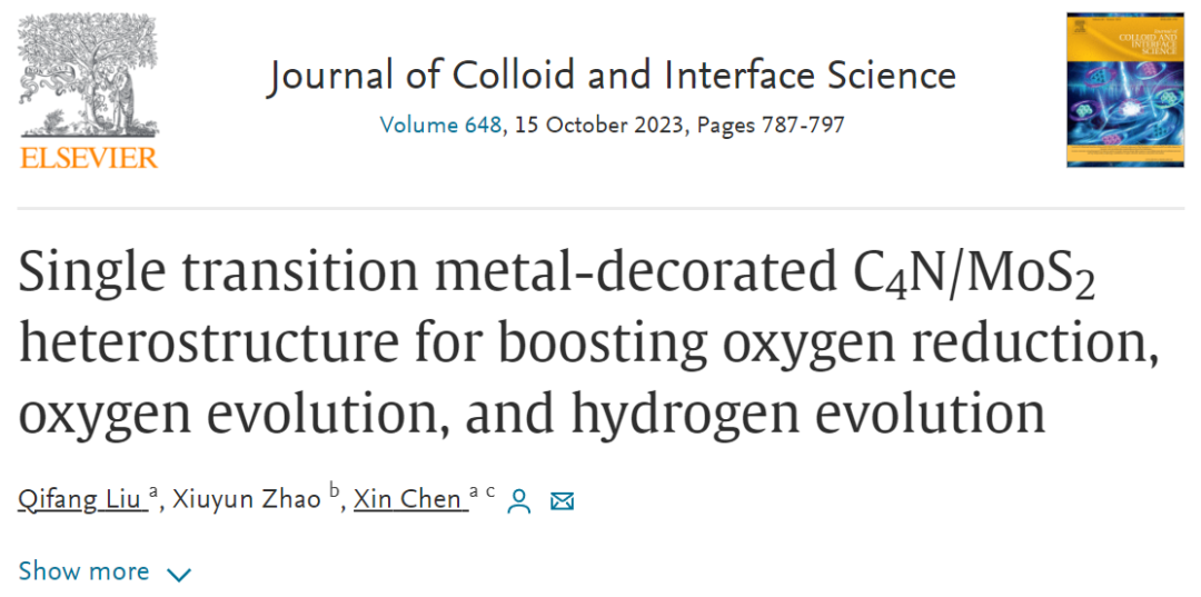 【純計算】J. Colloid Interf. Sci.：用于促進氧還原、析氧和析氫的單過渡金屬修飾C4N/MoS2異質結構