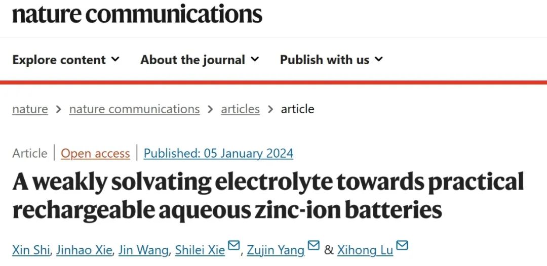 ?中大/東莞理工Nat. Commun.：弱溶劑化電解質用于可充電水系鋅離子電池