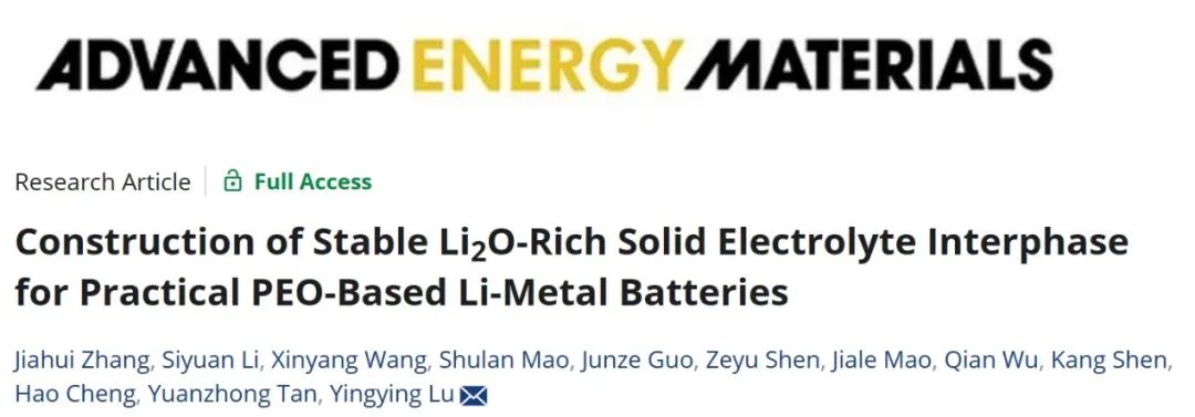 浙大陸盈盈AEM：富Li2O固體電解質界面的構建實現穩定的PEO基鋰金屬電池