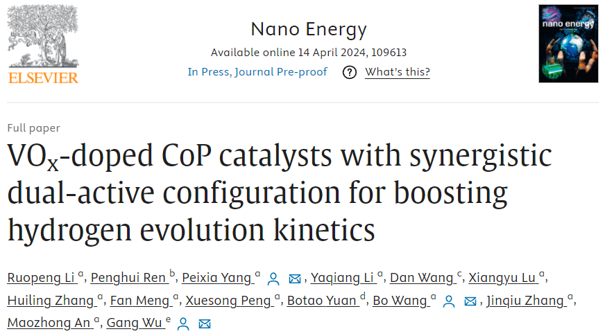 Nano Energy: VOx摻雜CoP催化劑協同雙活性構型，全面促進HER動力學！