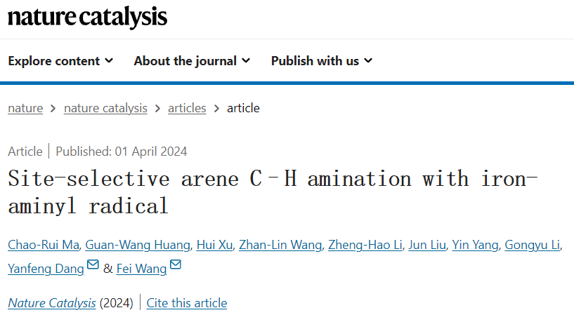 南開大學Nature Catalysis: 鐵-氨基自由基實現高選擇性芳烴C-H胺化反應