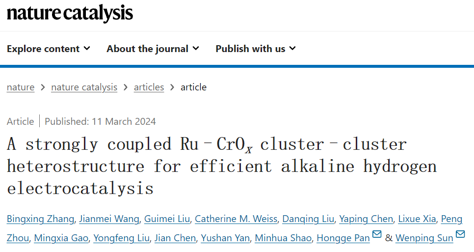 浙大潘洪革/孫文平Nature Catalysis：構建高效堿性氫電催化的團簇-團簇異質結構