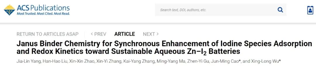 東北師大JACS：Janus粘合劑化學同步增強碘吸附和氧化還原動力學實現可持續水性 Zn-I2電池
