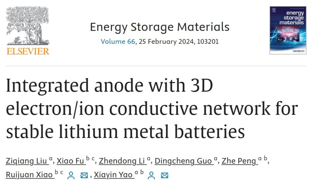 ?國科大EnSM：3D 電子/離子導電網絡的集成負極，用于穩定的鋰金屬電池