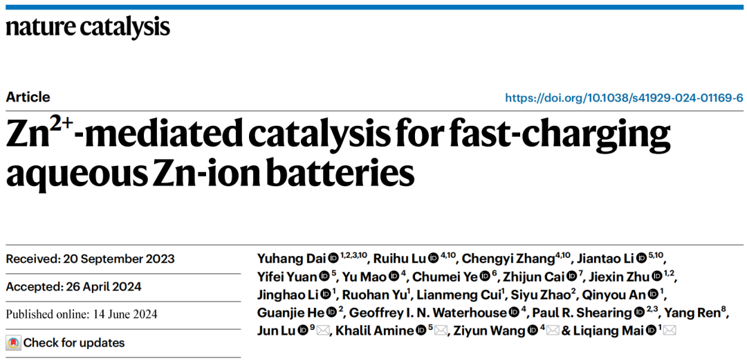 催化“跨界”電池！大佬強強聯合，麥立強/王子運/陸俊等，重磅Nature Catalysis！