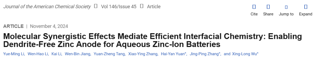 【MS發頂刊】東北師大，JACS！分子協同效應介導高效界面化學實現無枝晶鋅陽極！